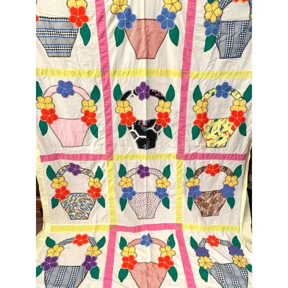 Vtg. 30's-60's Quilt Top Handsewn Applique Flower Basket Pattern 83